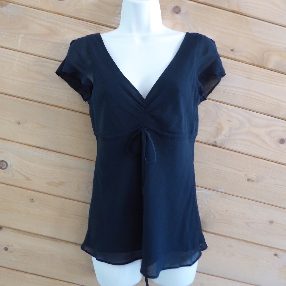 Theory Solid Black Silk Blend Cap Sleeve V-neck Ties Front Light Top "Annanis" S